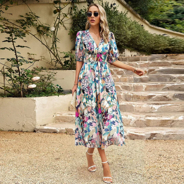 Thalassa | Elegante Dames Midi Bloemenjurk met V-hals en Pofmouwen