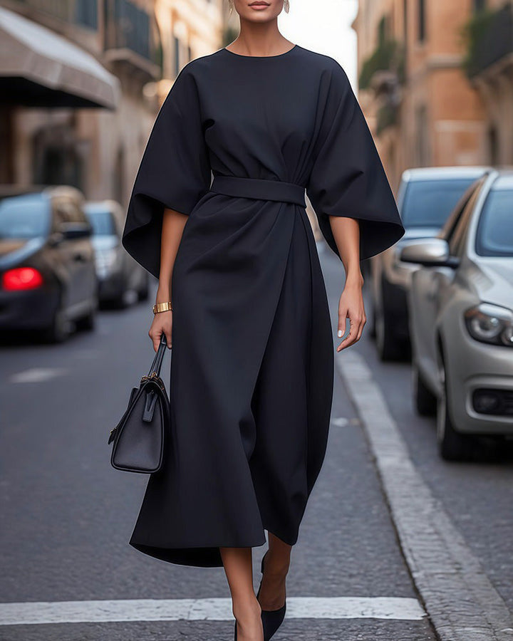 Valeria | Elegante Midi Jurk met Lantaarnmouwen en Ceintuur