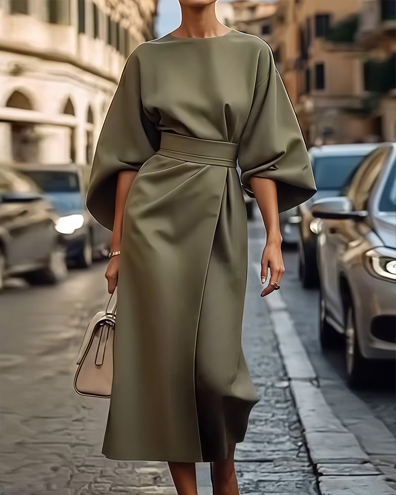 Valeria | Elegante Midi Jurk met Lantaarnmouwen en Ceintuur