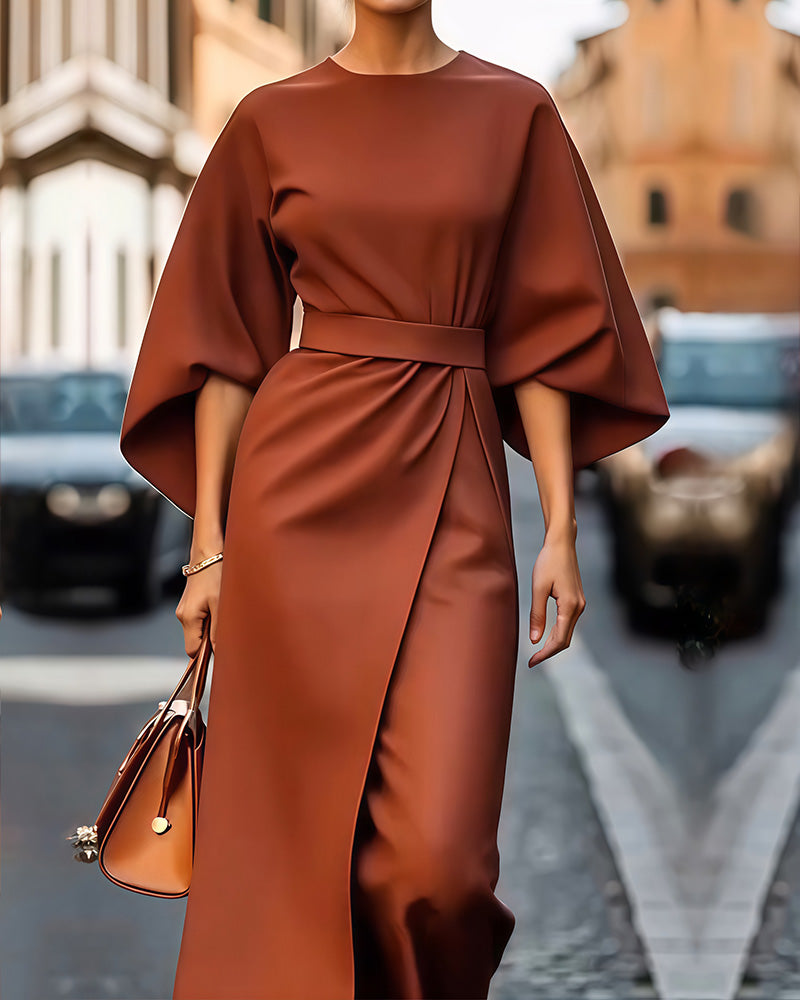 Valeria | Elegante Midi Jurk met Lantaarnmouwen en Ceintuur