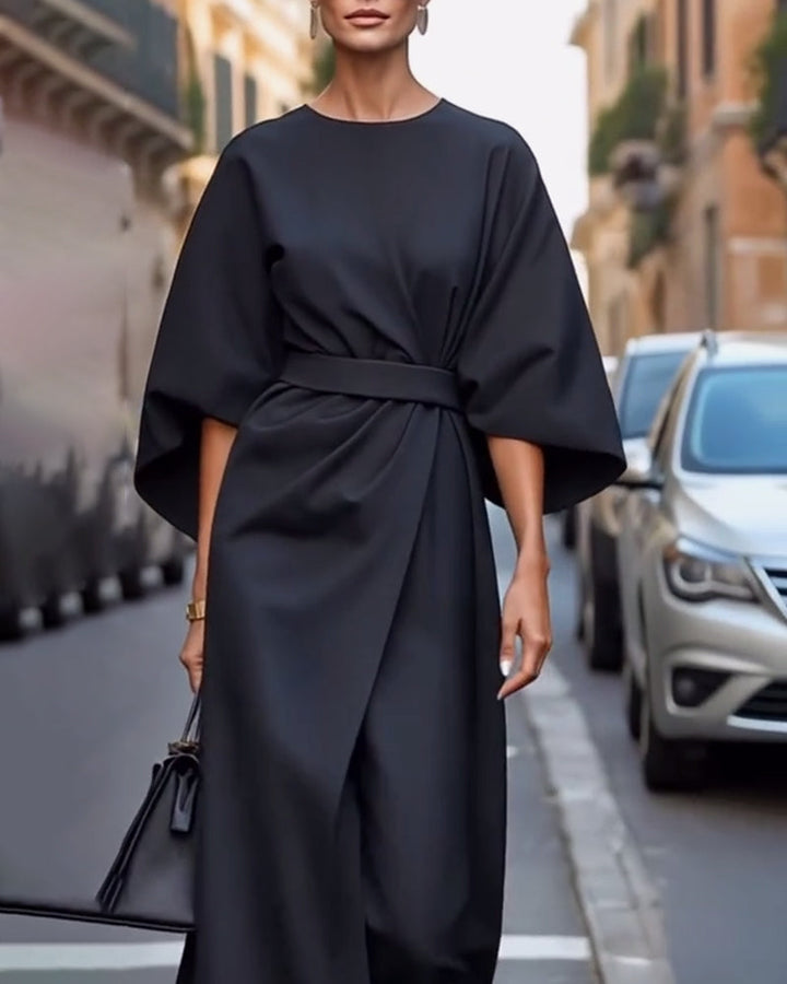 Valeria | Elegante Midi Jurk met Lantaarnmouwen en Ceintuur