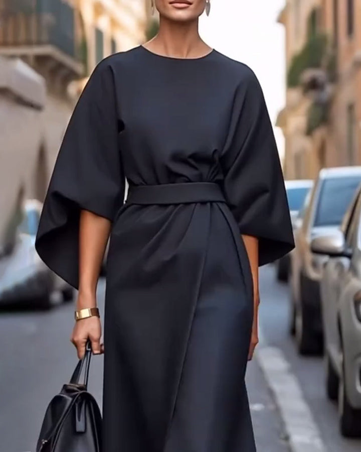 Valeria | Elegante Midi Jurk met Lantaarnmouwen en Ceintuur