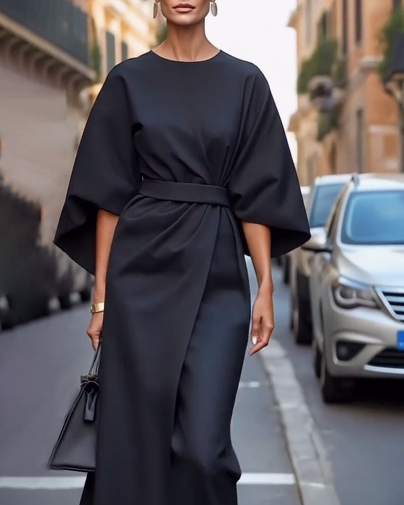 Valeria | Elegante Midi Jurk met Lantaarnmouwen en Ceintuur