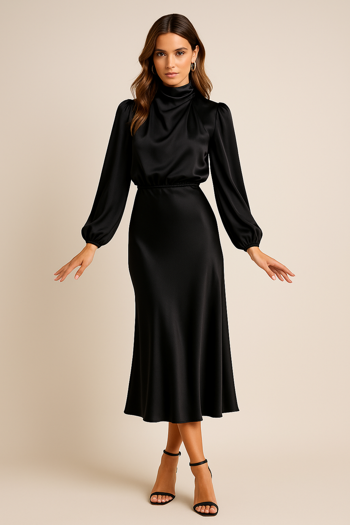 Viorica | Elegante High Waist Midi Jurk met Hoge Hals