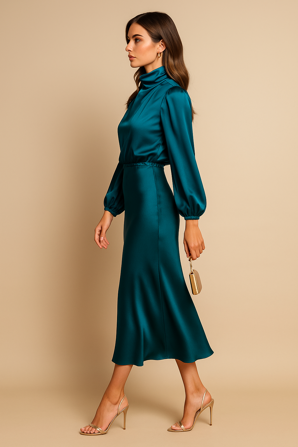 Viorica | Elegante High Waist Midi Jurk met Hoge Hals