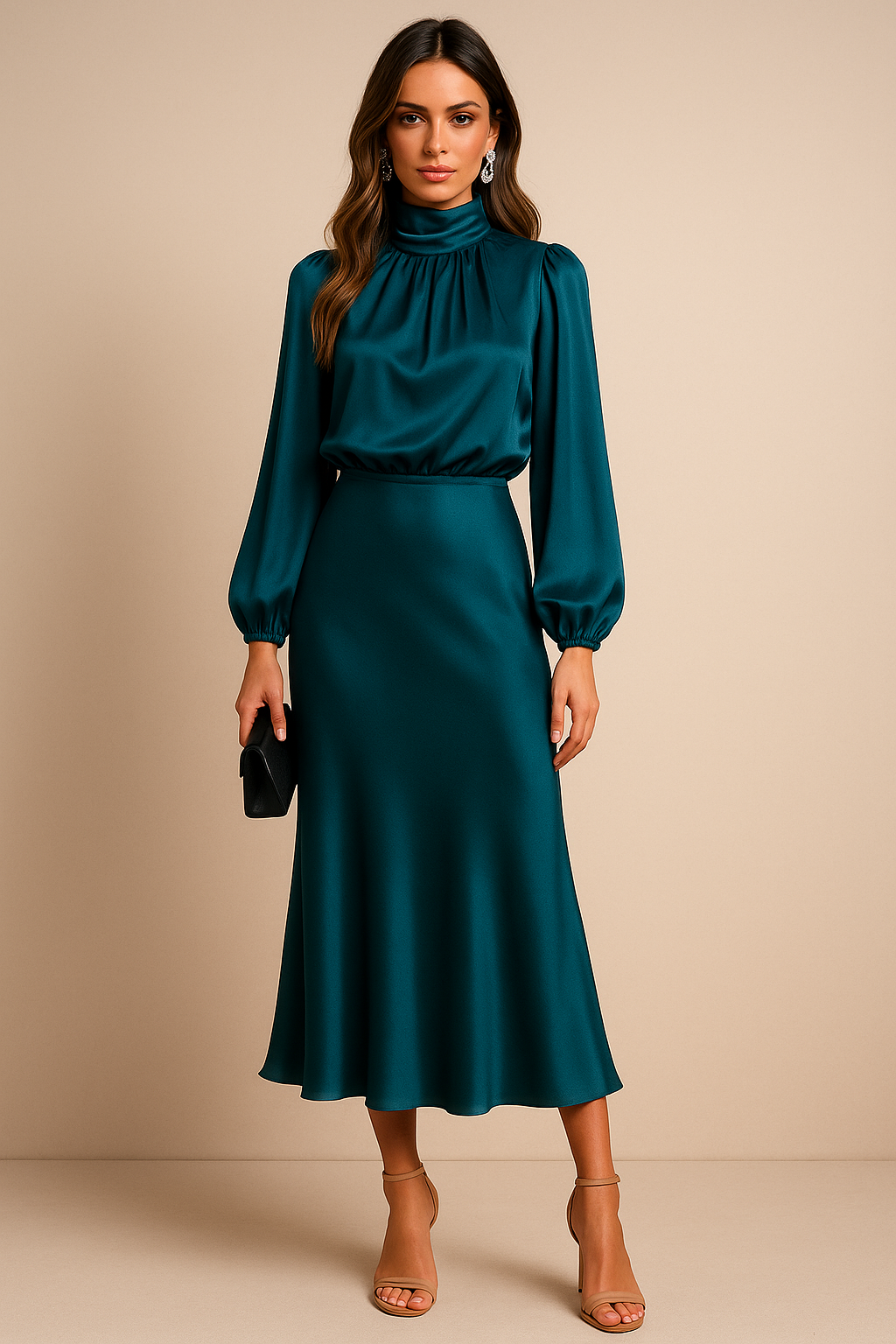 Viorica | Elegante High Waist Midi Jurk met Hoge Hals