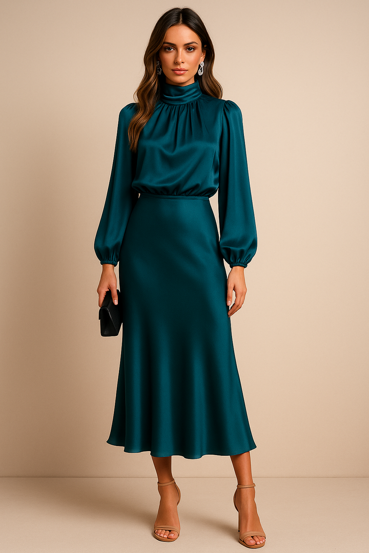 Viorica | Elegante High Waist Midi Jurk met Hoge Hals