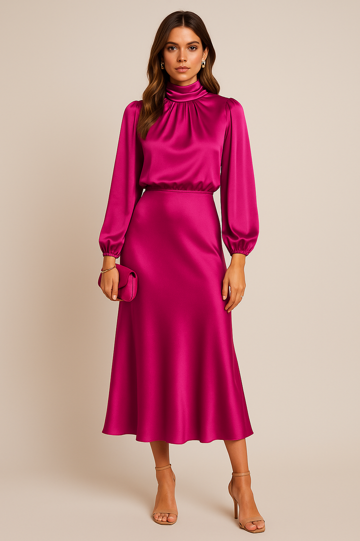 Viorica | Elegante High Waist Midi Jurk met Hoge Hals