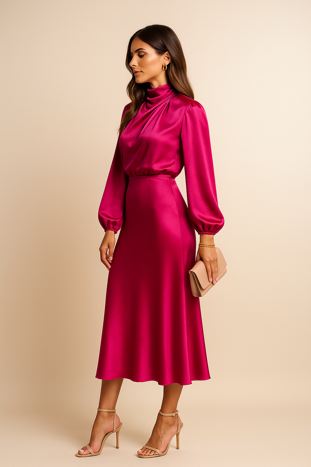 Viorica | Elegante High Waist Midi Jurk met Hoge Hals