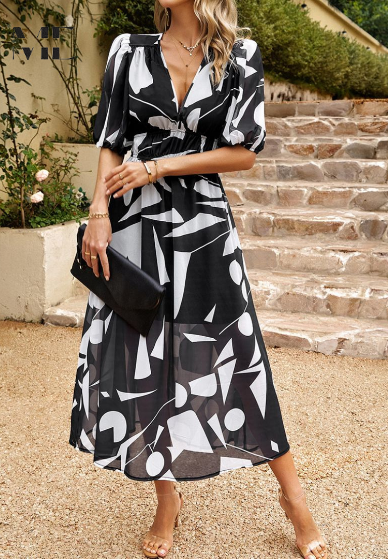 Vivian | Elegante Dames Bloemen Midi Jurk met Pofmouwen