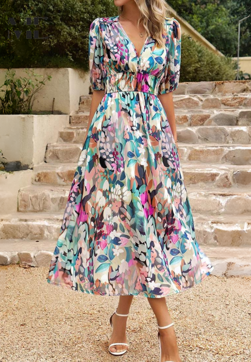 Vivian | Elegante Dames Bloemen Midi Jurk met Pofmouwen