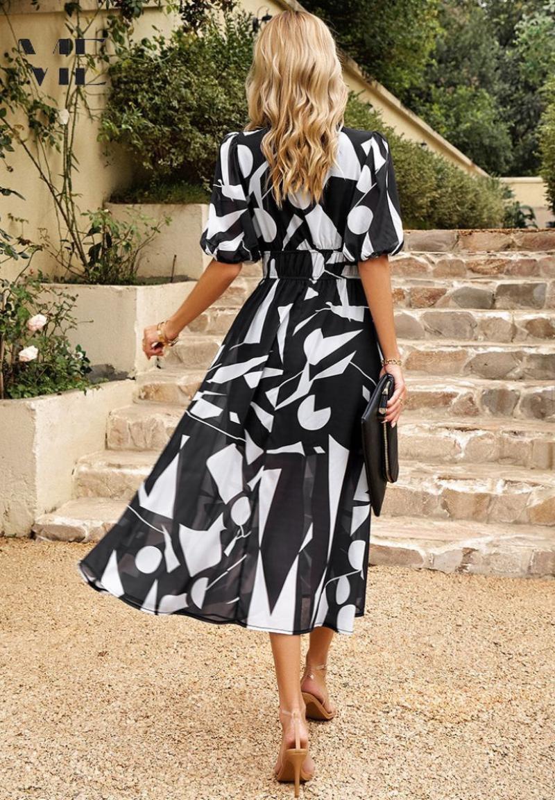 Vivian | Elegante Dames Bloemen Midi Jurk met Pofmouwen