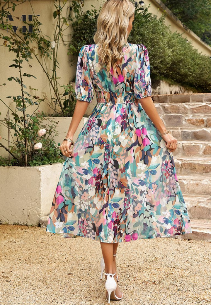 Vivian | Elegante Dames Bloemen Midi Jurk met Pofmouwen