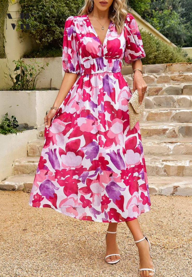 Vivian | Elegante Dames Bloemen Midi Jurk met Pofmouwen