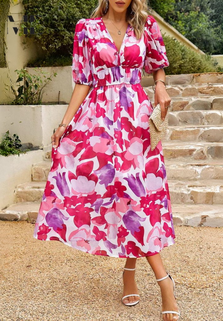Vivian | Elegante Dames Bloemen Midi Jurk met Pofmouwen