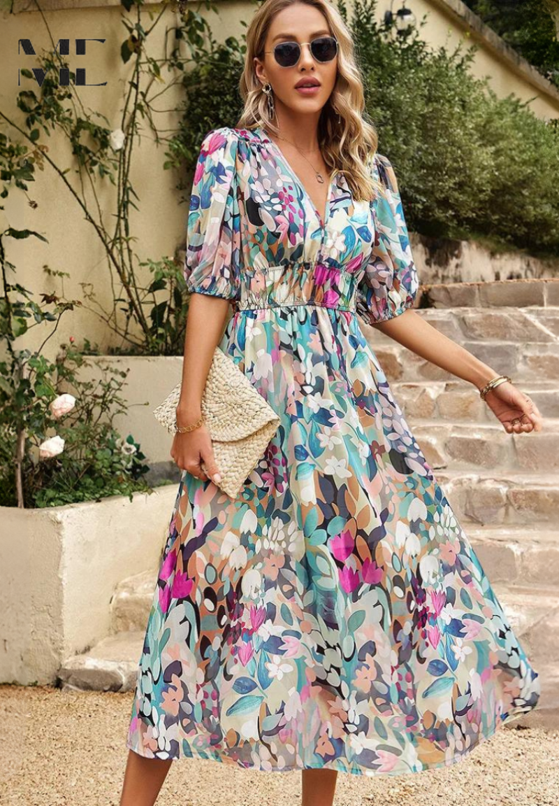 Vivian | Elegante Dames Bloemen Midi Jurk met Pofmouwen