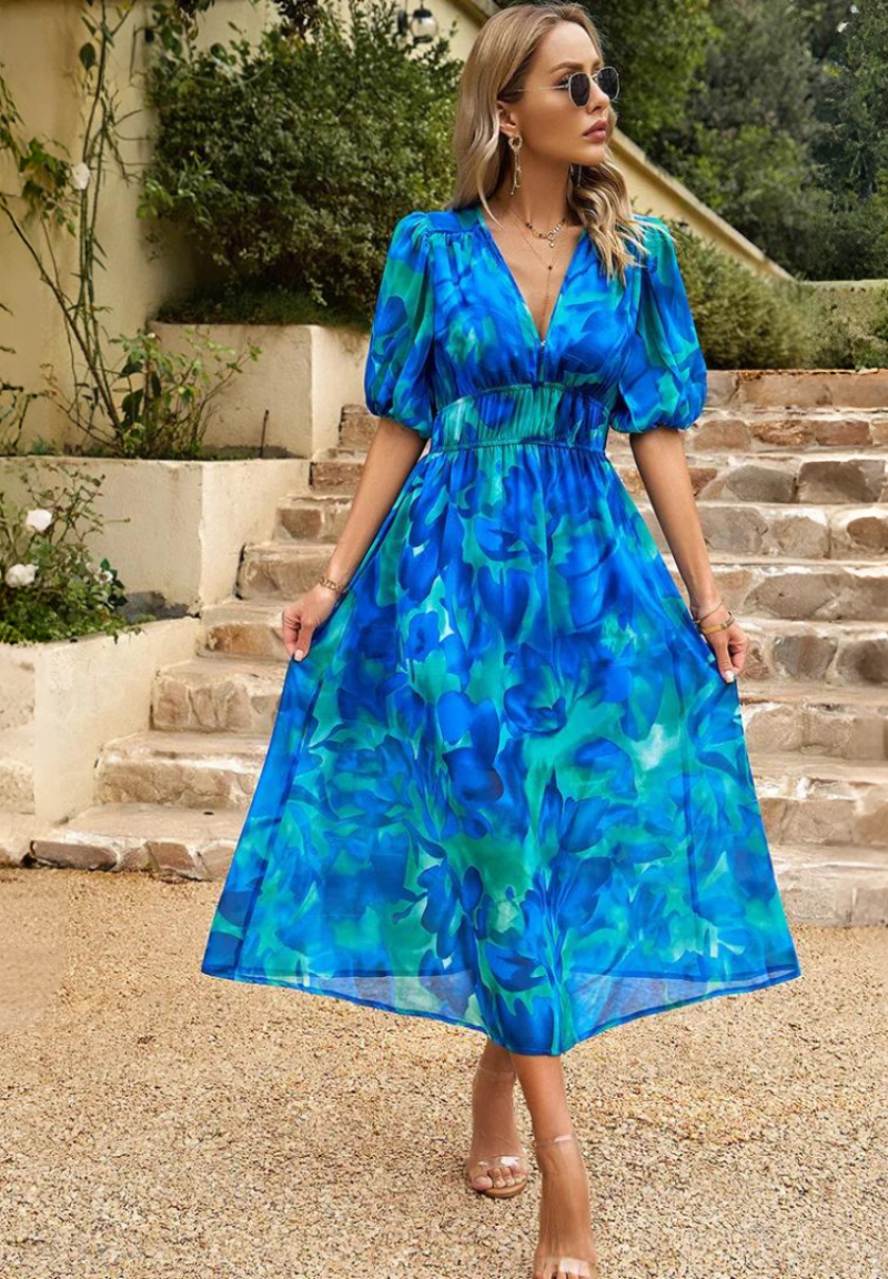Vivian | Elegante Dames Bloemen Midi Jurk met Pofmouwen