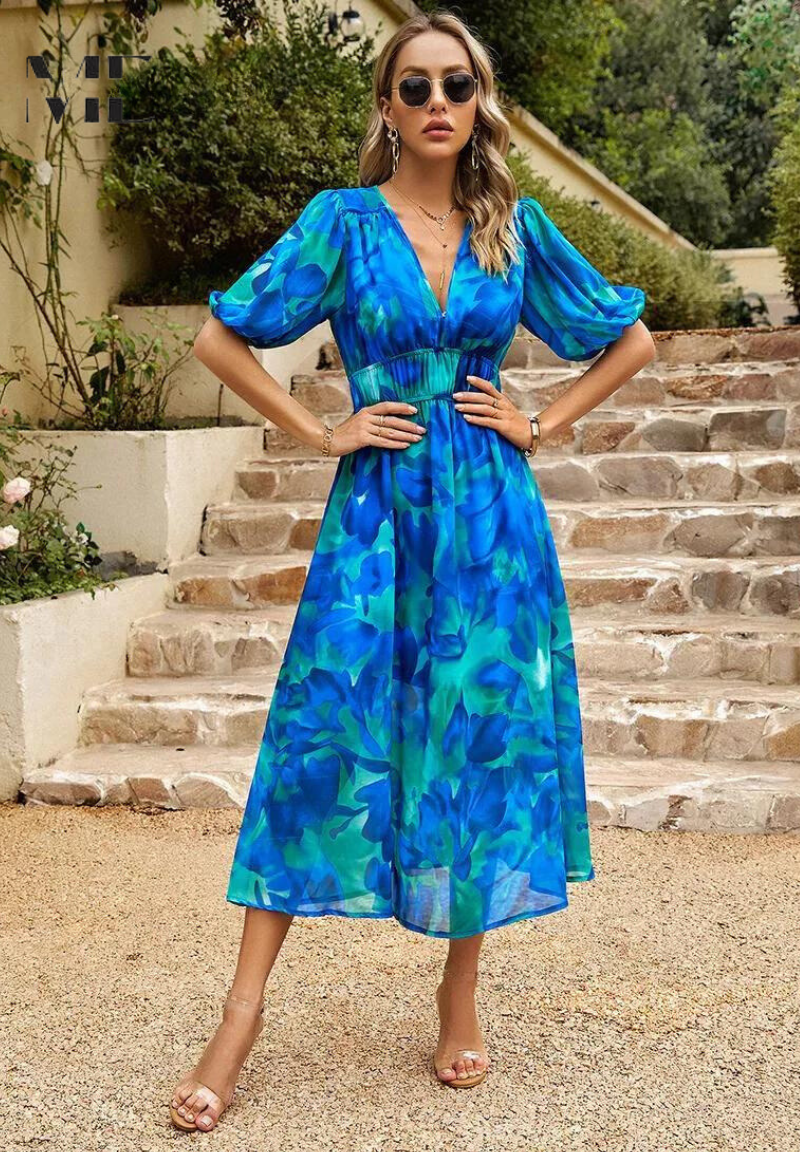 Vivian | Elegante Dames Bloemen Midi Jurk met Pofmouwen
