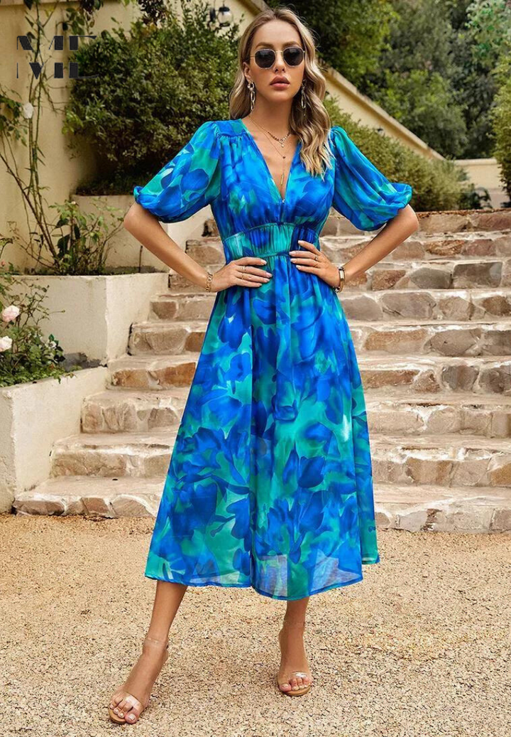 Vivian | Elegante Dames Bloemen Midi Jurk met Pofmouwen