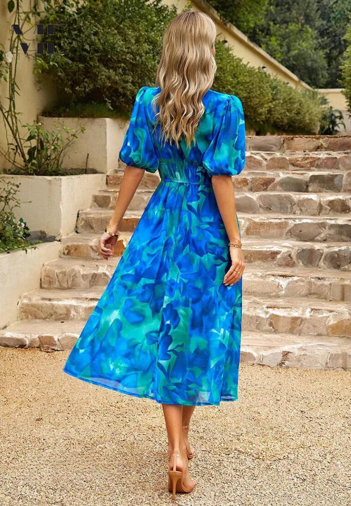 Vivian | Elegante Dames Bloemen Midi Jurk met Pofmouwen
