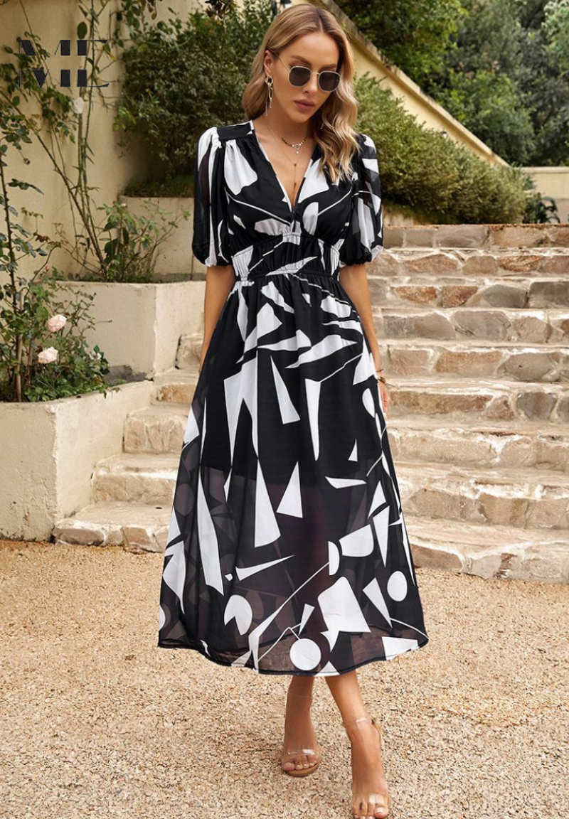 Vivian | Elegante Dames Bloemen Midi Jurk met Pofmouwen