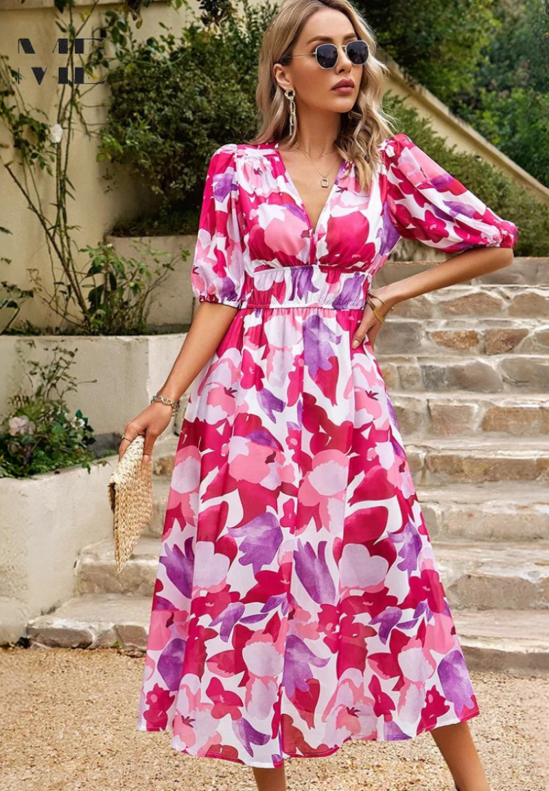 Vivian | Elegante Dames Bloemen Midi Jurk met Pofmouwen