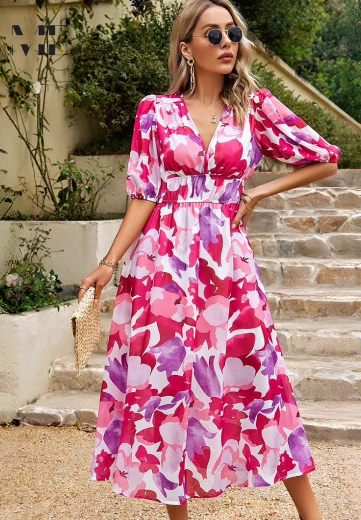 Vivian | Elegante Dames Bloemen Midi Jurk met Pofmouwen