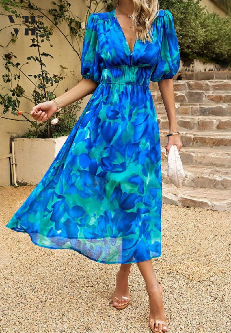 Vivian | Elegante Dames Bloemen Midi Jurk met Pofmouwen