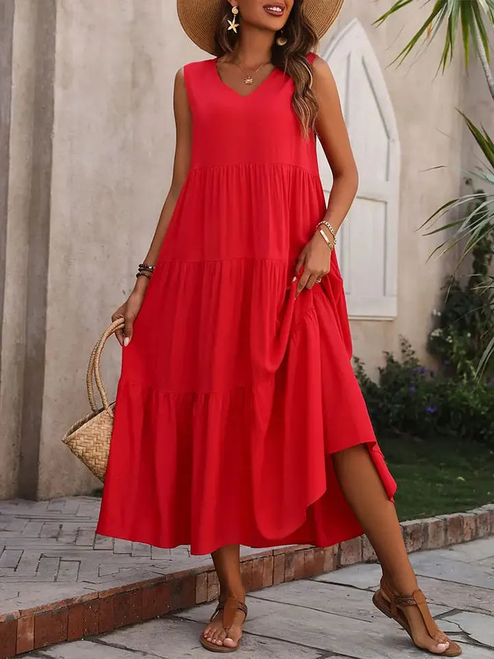 Yasmine | Dames Maxi Jurk Zomer Mouwloos Gelaagd V-hals Casual