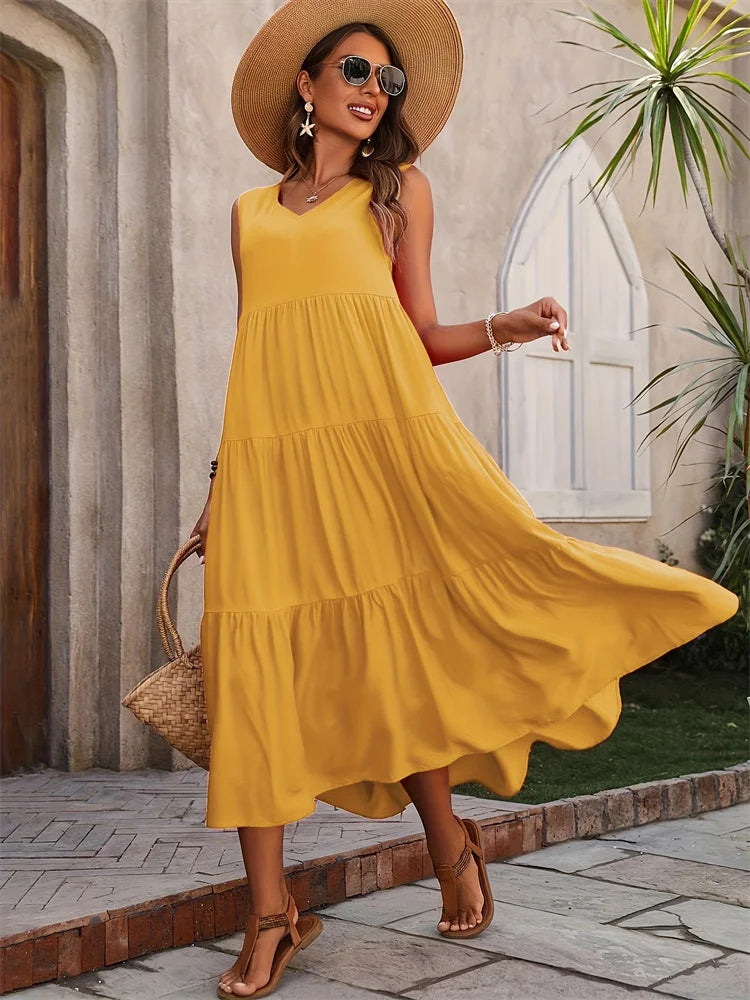 Yasmine | Dames Maxi Jurk Zomer Mouwloos Gelaagd V-hals Casual