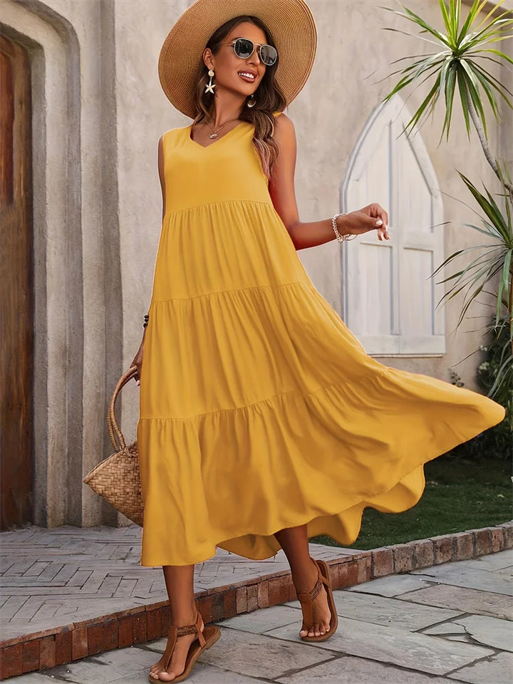 Yasmine | Dames Maxi Jurk Zomer Mouwloos Gelaagd V-hals Casual