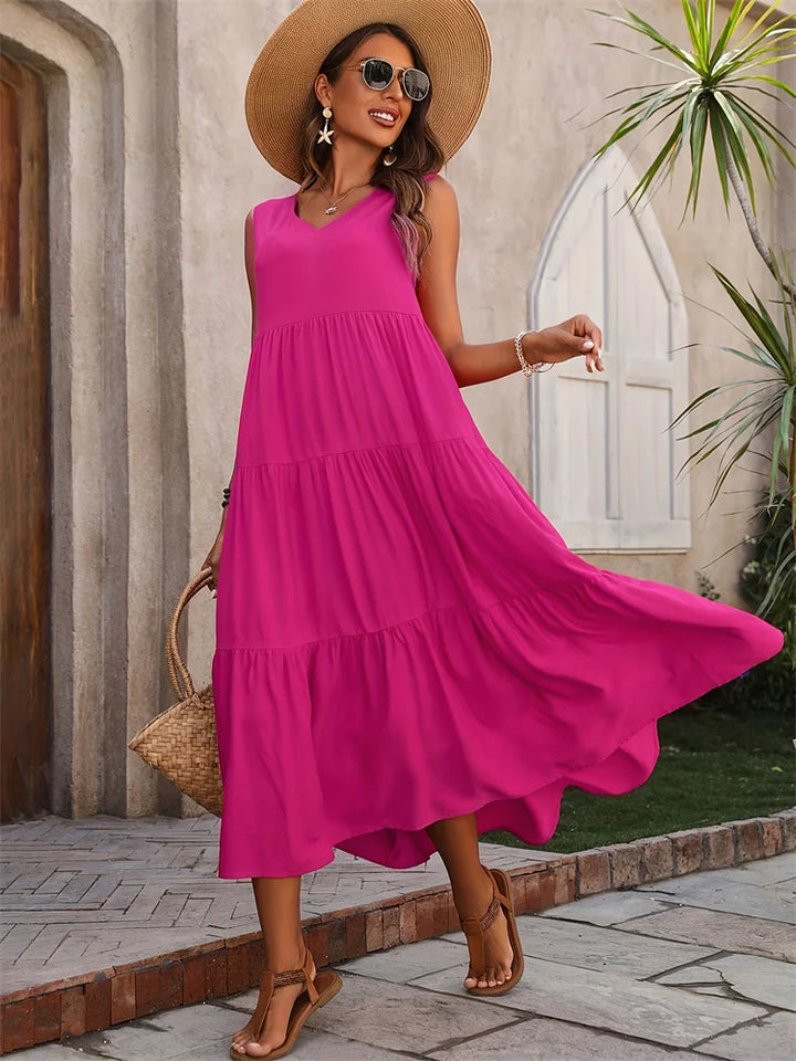 Yasmine | Dames Maxi Jurk Zomer Mouwloos Gelaagd V-hals Casual