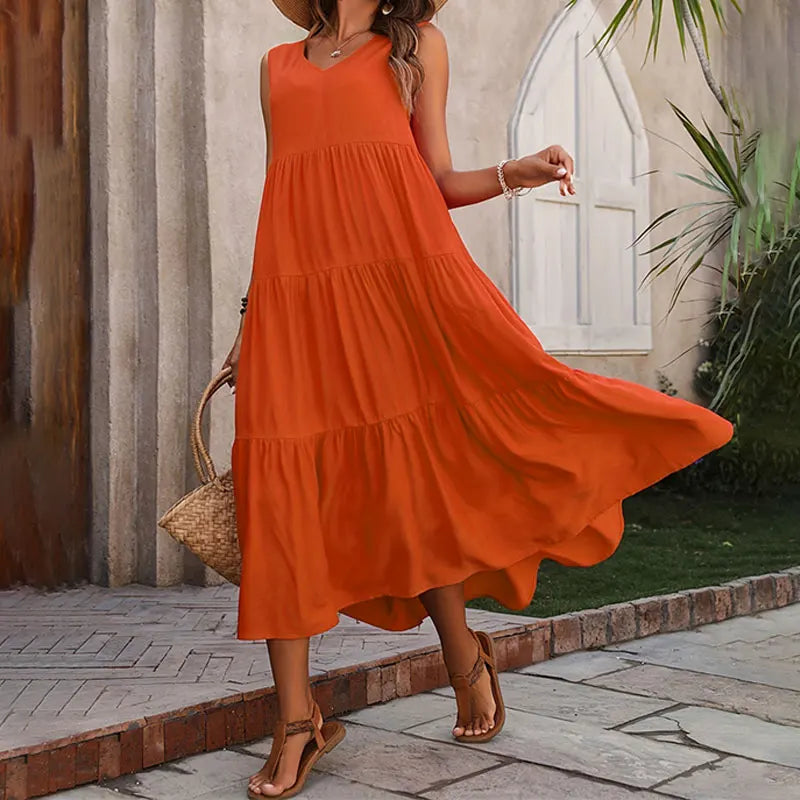 Yasmine | Dames Maxi Jurk Zomer Mouwloos Gelaagd V-hals Casual
