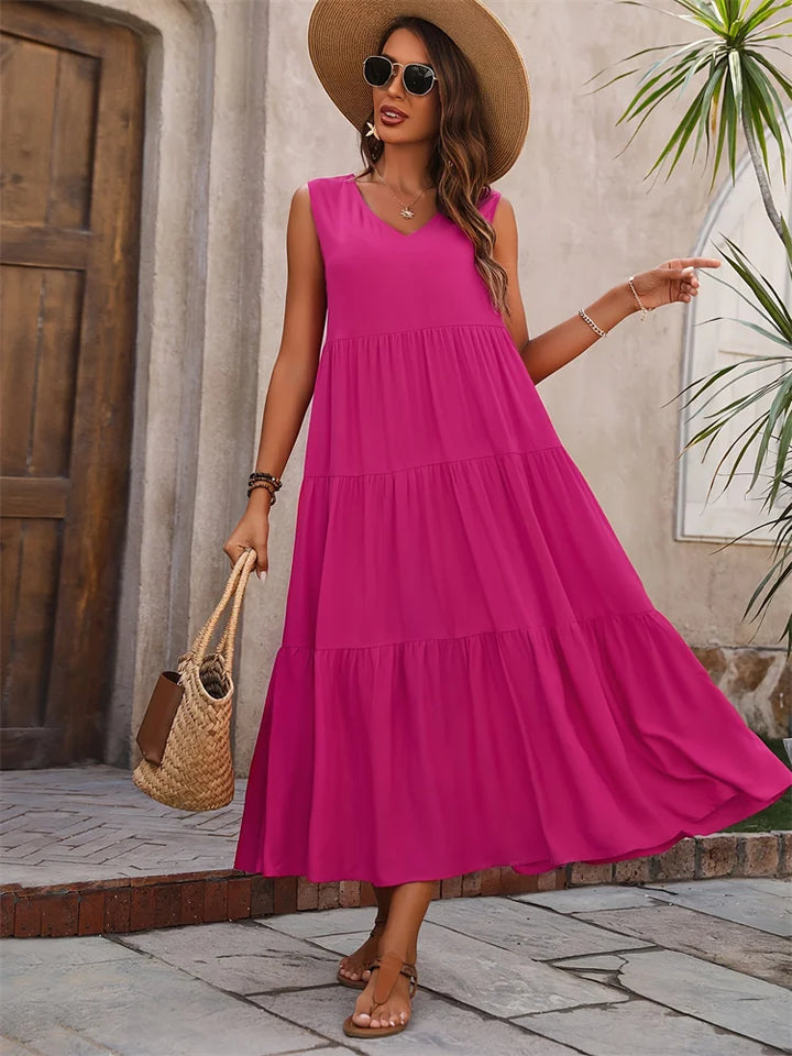 Yasmine | Dames Maxi Jurk Zomer Mouwloos Gelaagd V-hals Casual