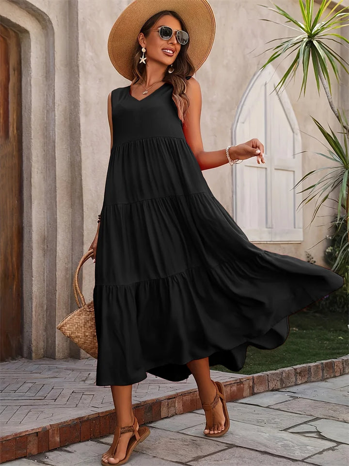 Yasmine | Dames Maxi Jurk Zomer Mouwloos Gelaagd V-hals Casual