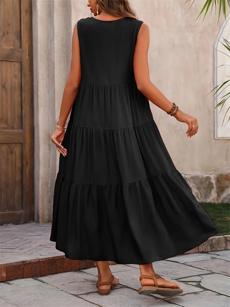 Yasmine | Dames Maxi Jurk Zomer Mouwloos Gelaagd V-hals Casual
