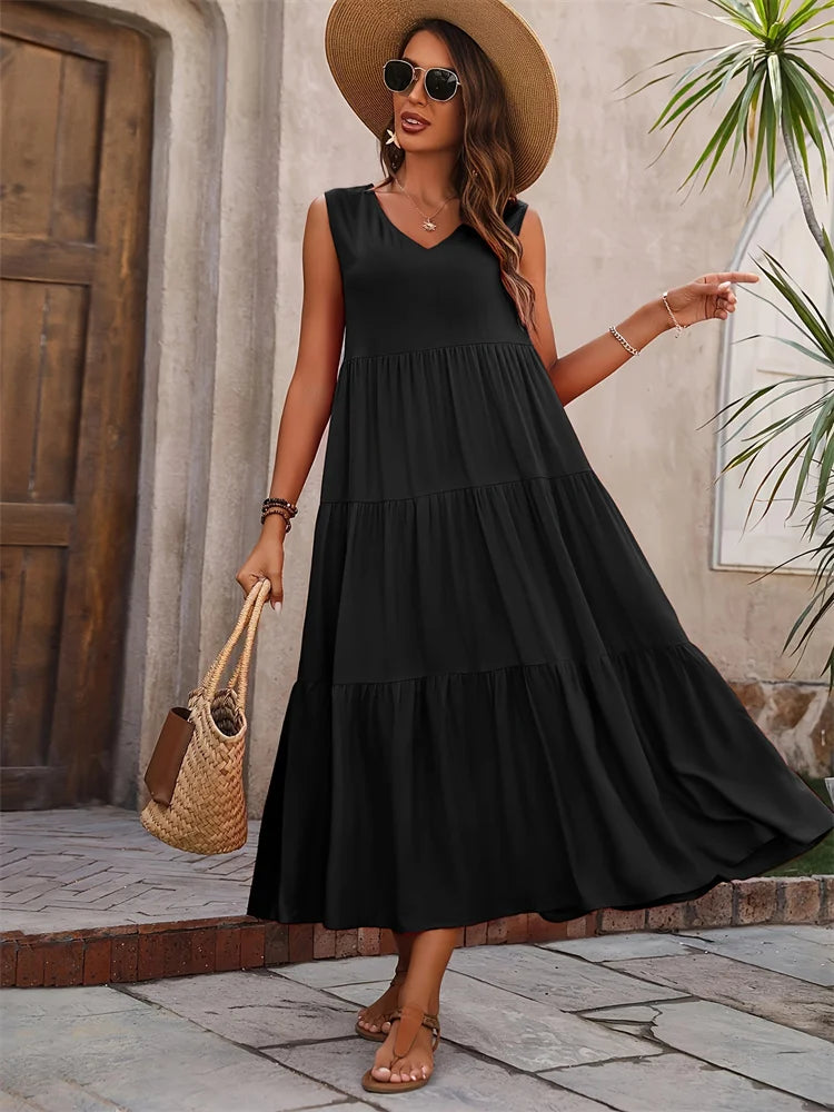 Yasmine | Dames Maxi Jurk Zomer Mouwloos Gelaagd V-hals Casual