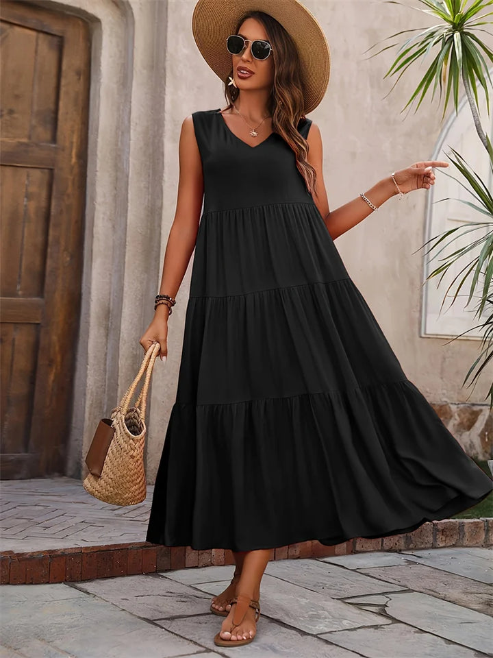 Yasmine | Dames Maxi Jurk Zomer Mouwloos Gelaagd V-hals Casual