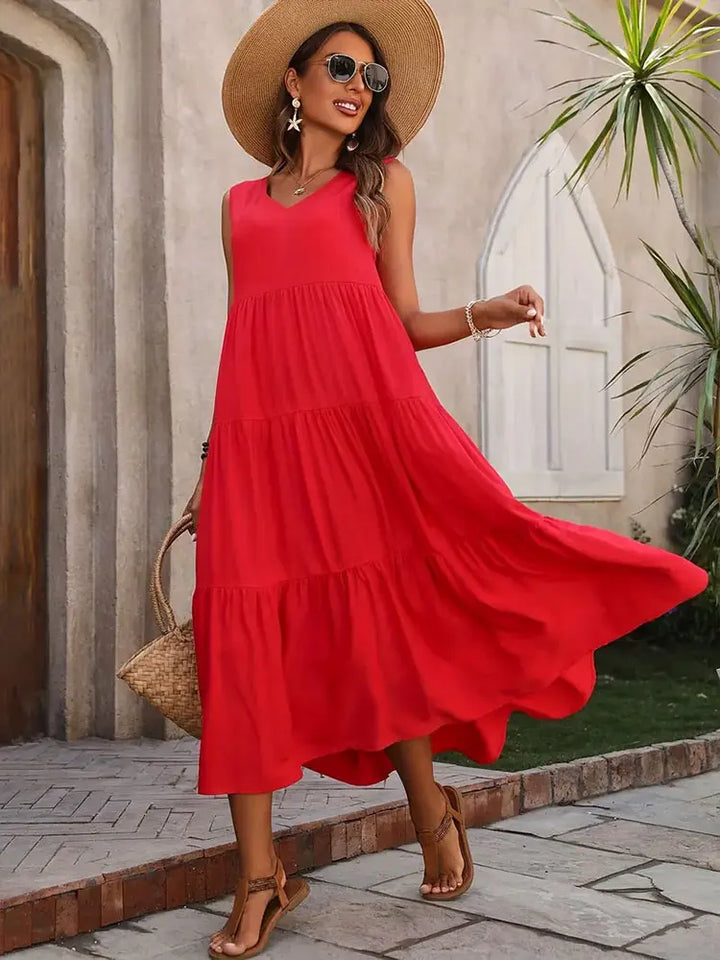 Yasmine | Dames Maxi Jurk Zomer Mouwloos Gelaagd V-hals Casual