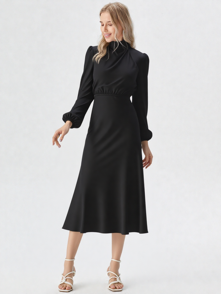 Bodycon Midi Jurk – Lantaren Mouwen, Hoge Taille, Geplooid