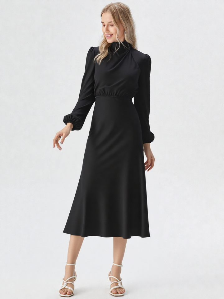 Bodycon Midi Jurk – Lantaren Mouwen, Hoge Taille, Geplooid