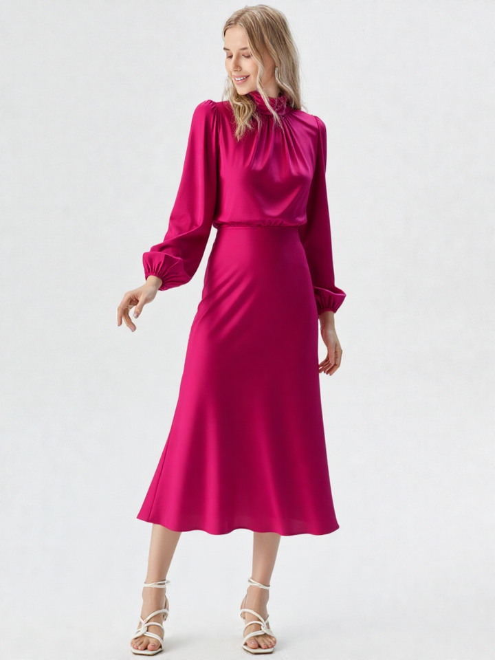 Bodycon Midi Jurk – Lantaren Mouwen, Hoge Taille, Geplooid