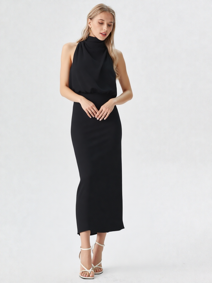 Midi Mock Neck Satijn Look Jurk – A-lijn, Mouwloos