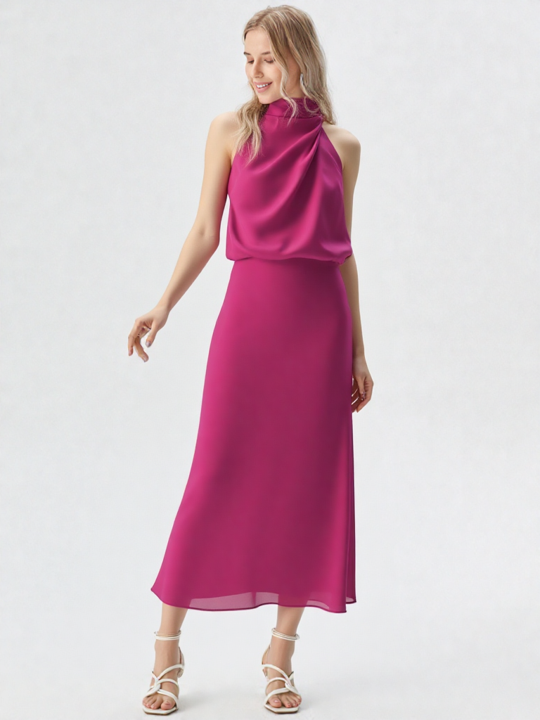 Midi Mock Neck Satijn Look Jurk – A-lijn, Mouwloos