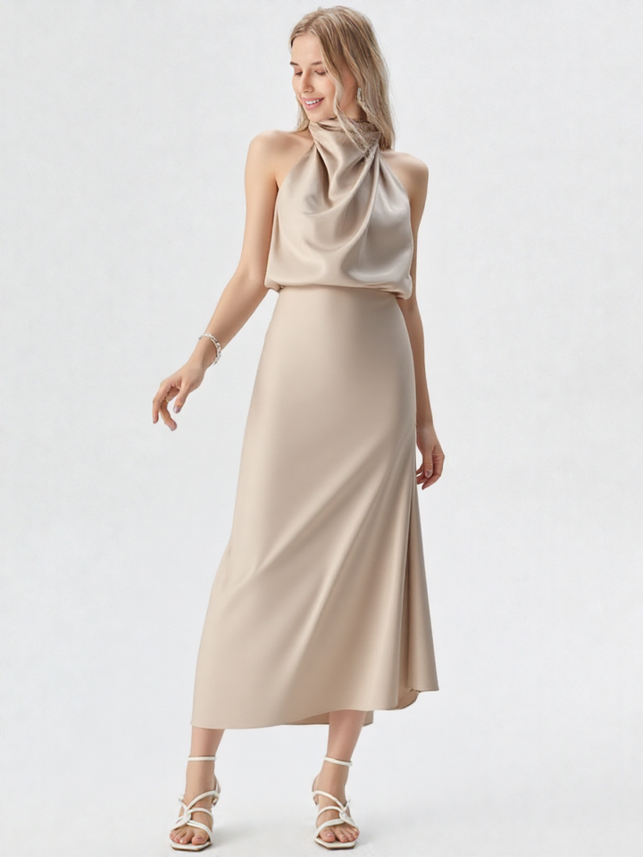 Midi Mock Neck Satijn Look Jurk – A-lijn, Mouwloos