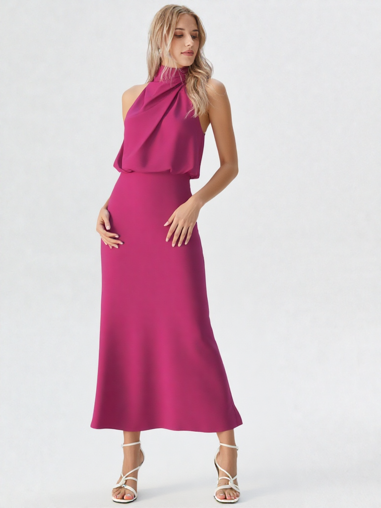 Midi Mock Neck Satijn Look Jurk – A-lijn, Mouwloos